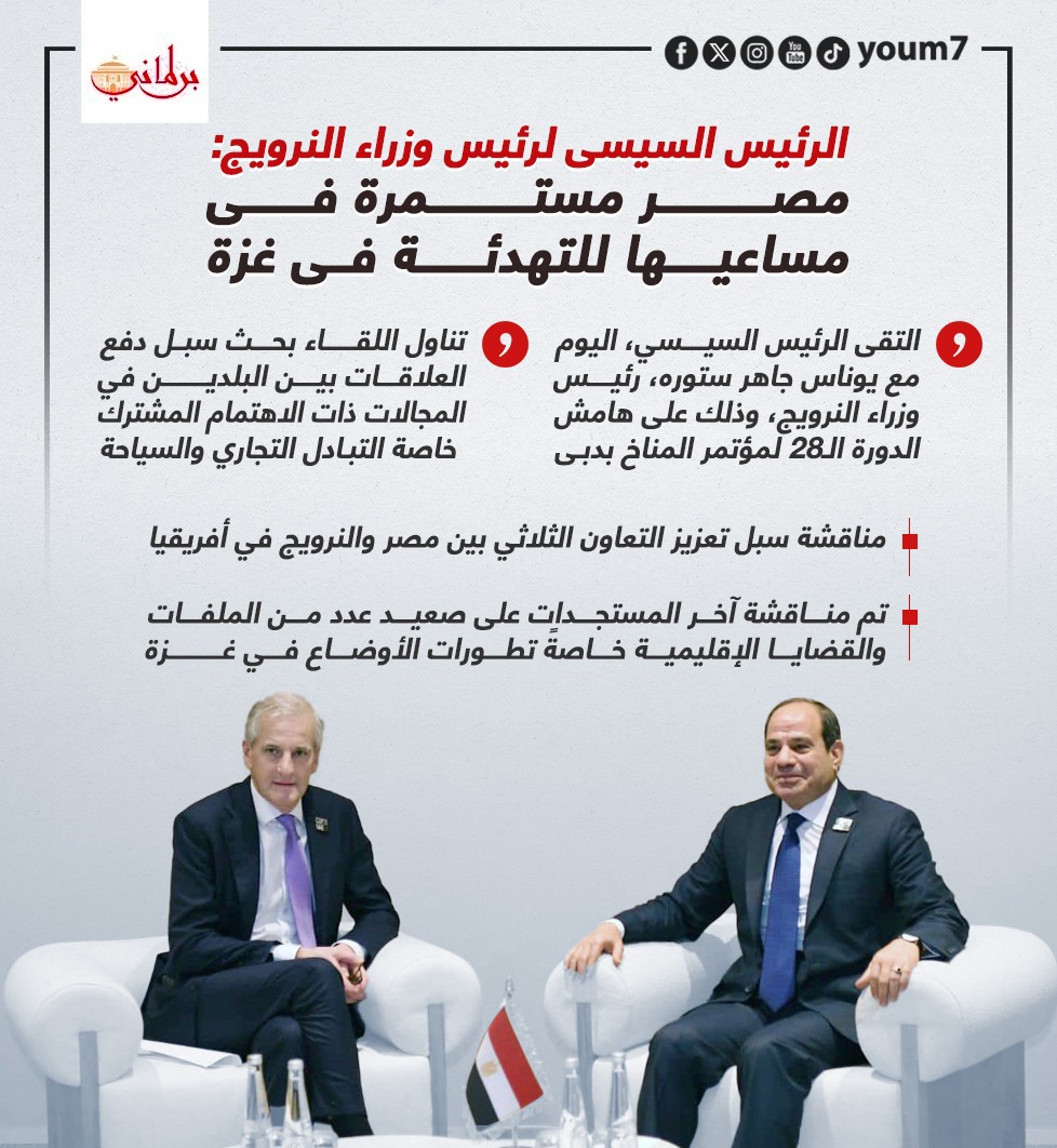 الرئيس السيسى لرئيس وزراء النرويج مصر مستمرة فى مساعيها للتهدئة بغزة