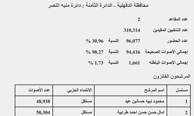 نتيجة "منية النصر" بالدقهلية: فوز محمود حسانين وآمال طرابية.. ونسبة التصويت 30.96 %