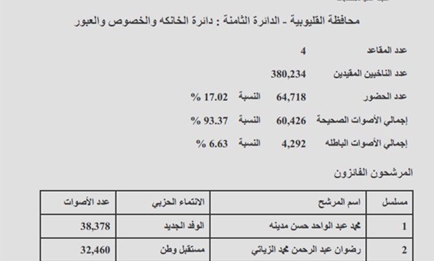 دائرة "الخانكة والخصوص": فوز مدينه والزياتى وهيكل وحسنين ونسبة التصويت 17.02 %