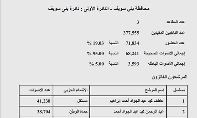 نتيجة دائرة بنى سويف: فوز عاطف وعبد الرحمن وعزت ونسبة التصويت 19.03%