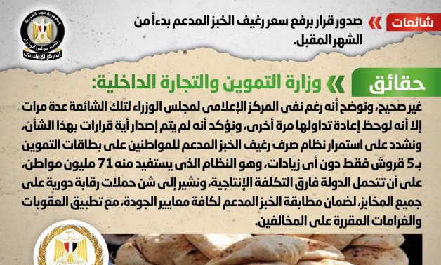 الحكومة تنفي صدور قرار برفع سعر رغيف الخبز المدعم الشهر المقبل