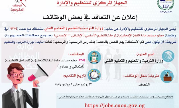 التنظيم والإدارة: 9354 وظيفة معلم مساعد مادة "الإنجليزي" من العاملين بالحصة