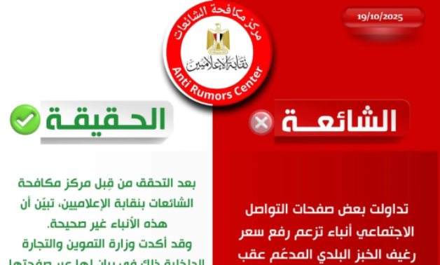 مركز مكافحة الشائعات ينفى رفع الحكومة سعر الخبز المدعم عقب تحريك أسعار السولار