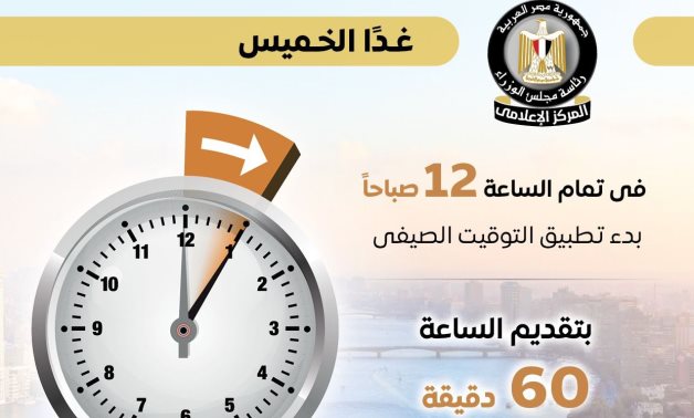 مجلس الوزراء: تطبيق التوقيت الصيفي غدا الخميس فى تمام الساعة 12 صباحاً بتقديم الساعة 60 دقيقة