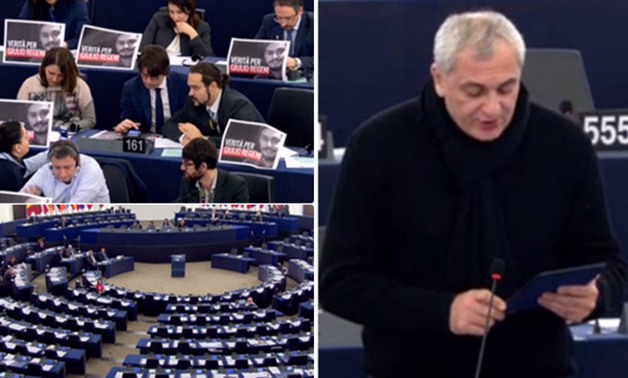 بالصور.. نواب بالبرلمان الأوروبى يرفعون صور الشاب الإيطالى أثناء جلسة مناقشة مقتله