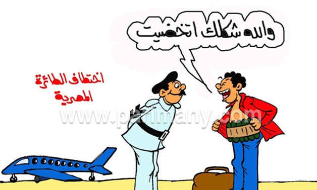 "والله شكلك اتخضيت".. كاريكاتير "برلمانى" يسلط الضوء على واقعة اختطاف الطائرة المصرية