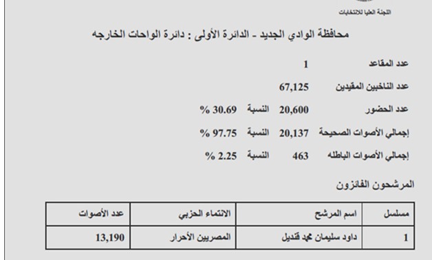 رسميا.. أسماء الفائزين فى جولة الإعادة بالوادى الجديد.. 3 نواب جدد عن المحافظة