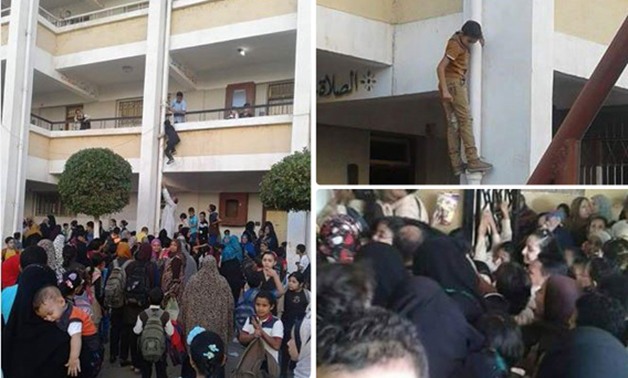  بالصور.. تلاميذ مدرسة بالمنصورة يتسلقون المواسير لحجز مقاعد مميزة بأول أيام الدراسة