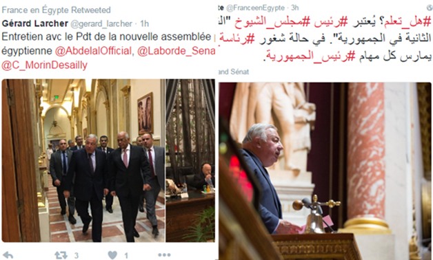 حساب سفارة باريس بالقاهرة على "تويتر" ينشر صورة عبد العال ورئيس مجلس الشيوخ الفرنسى