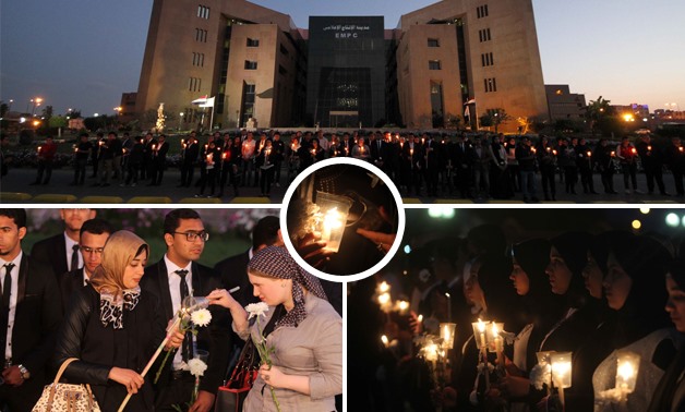 بالصور.. وقفة بالشموع أمام مدينة الإنتاج الإعلامى لتأبين ضحايا الكنيستين