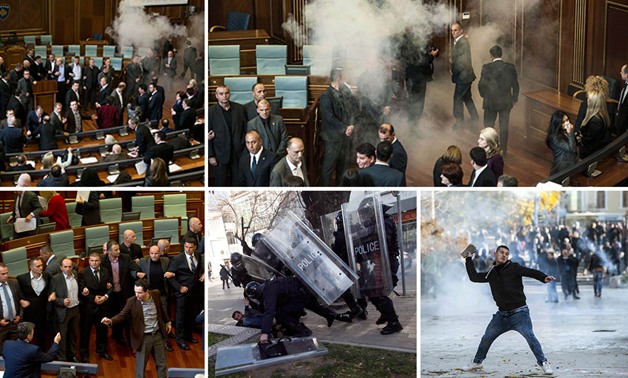 بالصور.. نواب ببرلمان كوسوفو يفجرون قنبلة غاز داخله.. ويرشون الوزراء برذاذ الفلفل