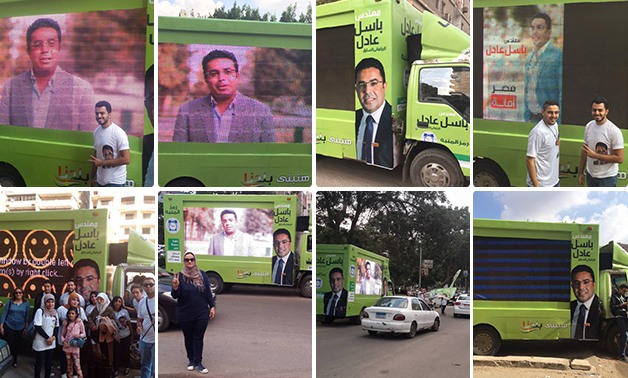 بالصور.. حملة "باسل عادل" تستخدم سيارة وشاشة كبيرة لعرض برنامجه فى شوارع مدينة نصر