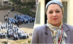 ماجدة نصر عضو لجنة التعليم وفتيات فى طابور مدرسة